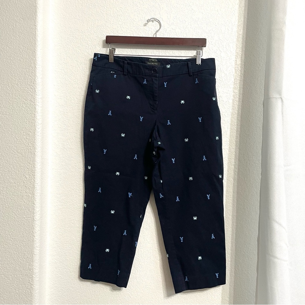 Talbots Womens Pants Blue Lobster Crab Embroidered Perfect Crop Curvy 14 Petite
